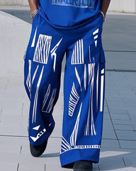 Plus Size 1 L-9L Men's Klein Blue Fashion Printed Casual Short Sleeve T-Shirt Pants Suit