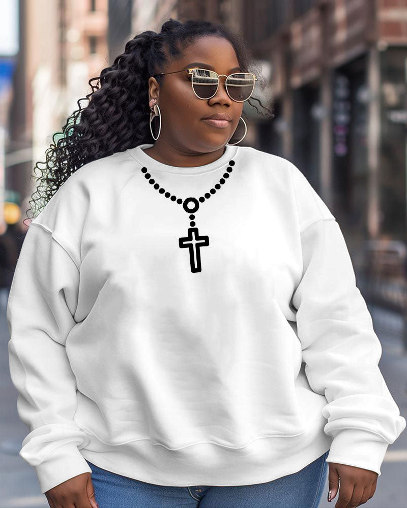 Plus Size Cross Necklace Print Casual Long Sleeve Sweatshirt