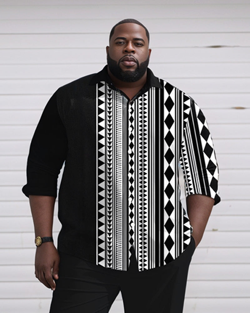 Men's Plus Size Black Spell Geometric Print Long Sleeve Shirt Trousers Suit