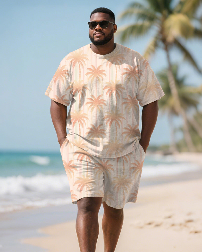 Men's Plus Size Orange Coconut Tree Gradient Stripe Print Round Neck Short Sleeve T-Shirt Shorts Suit