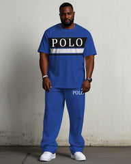 Men's Plus Size Blue & Black & White Colorblock Printed Chest Short-sleeved T-shirt Trousers Suit