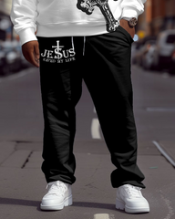 Men's Plus Size Casual Simple Cross Printed Sweatshirt Two-Piece Set