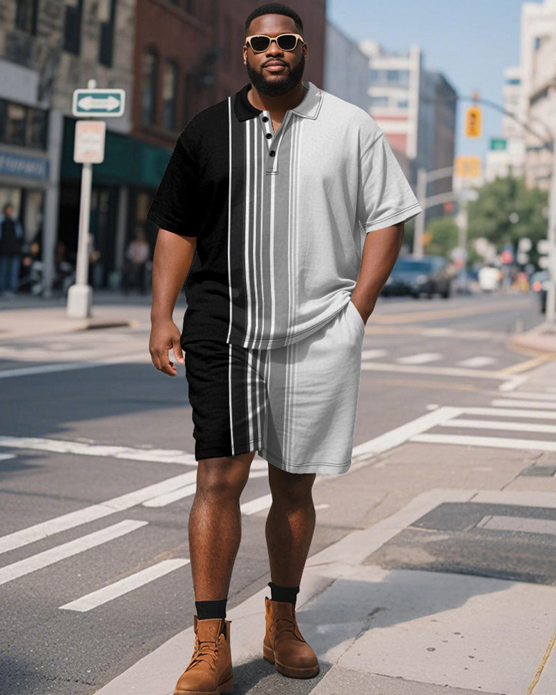 Men's Plus Size Business Black Gradient Stripe Print Short Sleeve Polo Shirt Shorts Suit