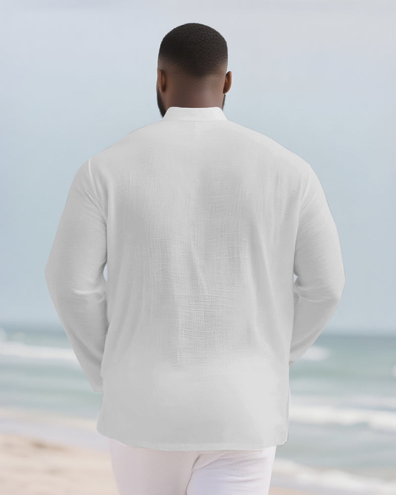 Big & Tall Men's Everyday Solid Color Bamboo Hemp Texture Henry Collar Long Sleeve Shirt