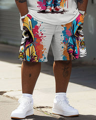 Men's Plus Size Street Fashion Colorful Graffiti Skull Print T-Shirt Shorts Suit