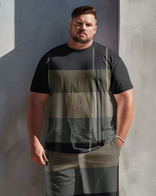 Men's Plus Size Earth Tone Stripe Print T-Shirt Shorts Suit
