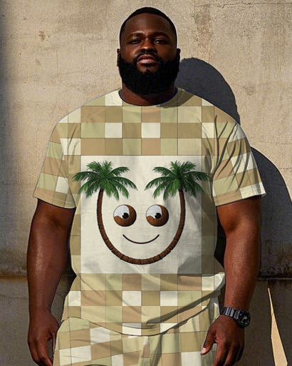 Big Men's Fashion Yellow Plaid Smiley face Coconut Tree Printed Short Sleeve T-shirt Shorts Set