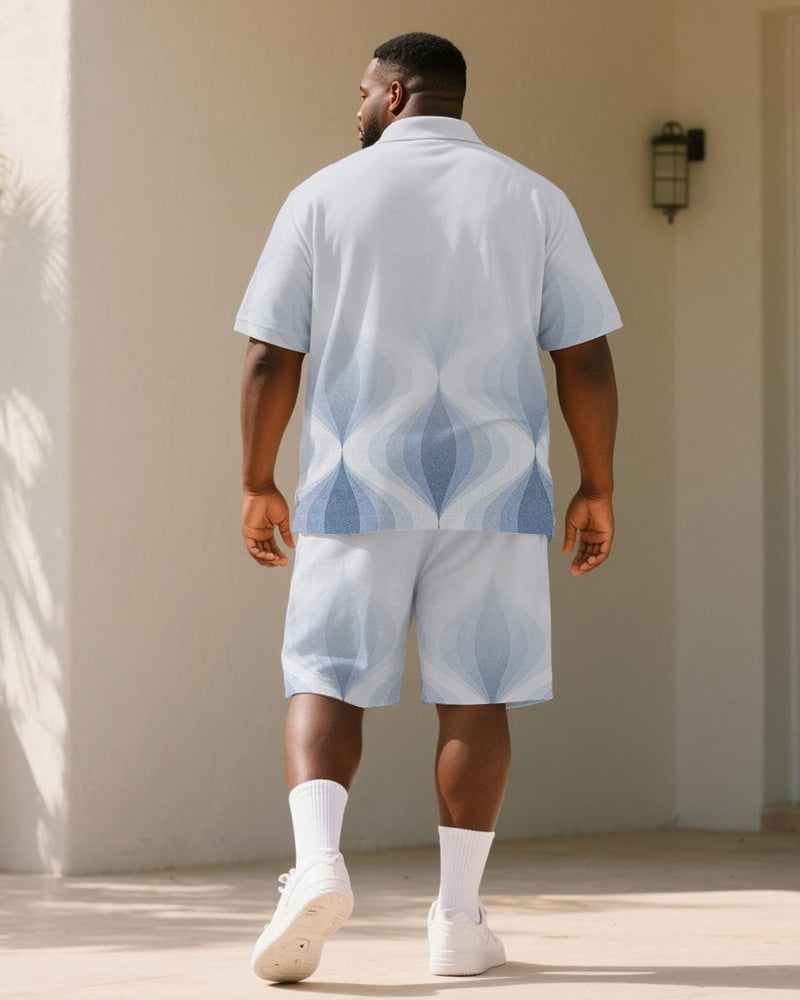 Big & Tall Men's Business Blue Gradient Geometric Print Short Sleeve Polo Shirt Shorts Suit