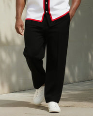 Big & Tall Men's Business Black Red Stripe Print Pocket Short Sleeve Shirt Pants Suit