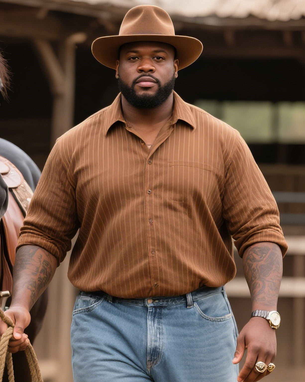 Plus Size Men's Western Style Retro Striped Long Sleeve Shirt Jeans Suit
