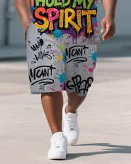 Big Men's PRISON WALL Colorful Lettering Streetwear Short Sleeve Polo Shirt Shorts 2-Piece Set