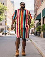 Big & Tall Men's Colorblock Stripe Print Short Sleeve Polo Shirt Shorts Suit