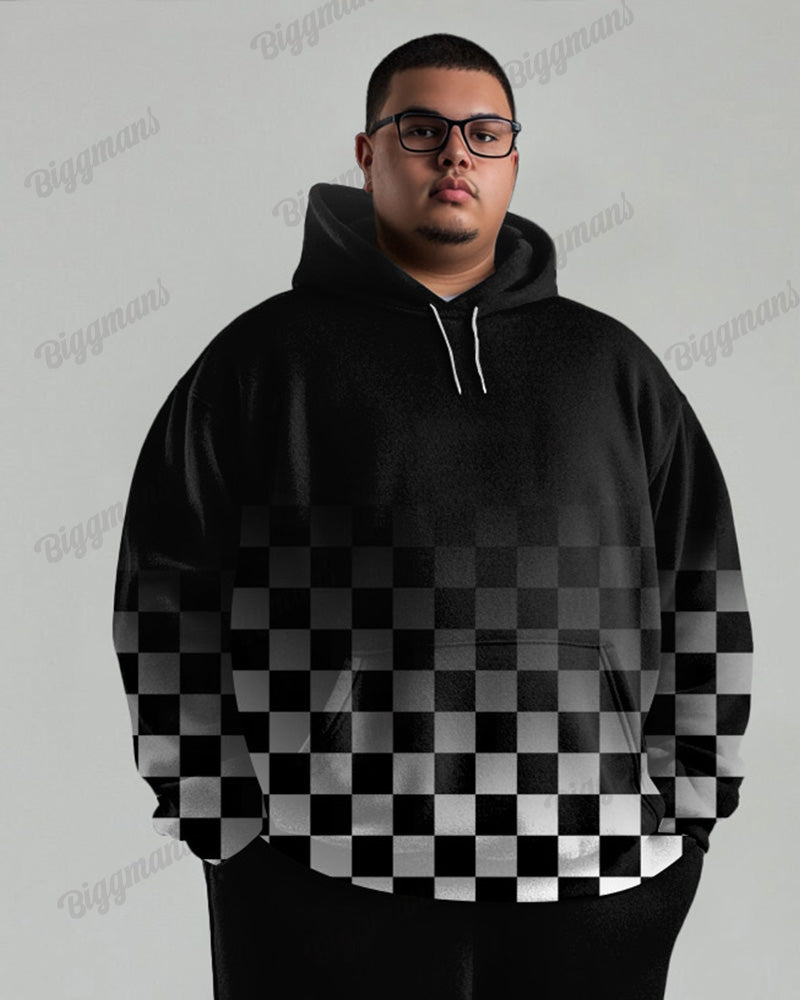 Autumn And Winter Gradient Checkerboard Print Men's Plus Size Hoodie Suit