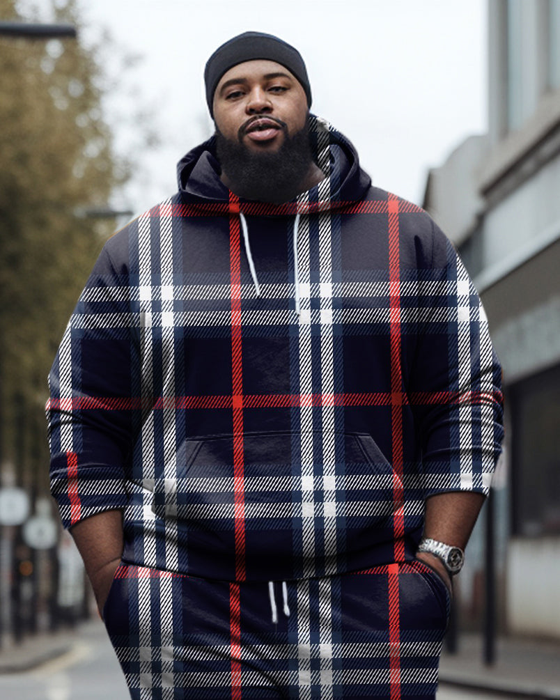 Big Guy’s Check Color Block Casual Hoodie and Sweatpants Two Piece Set