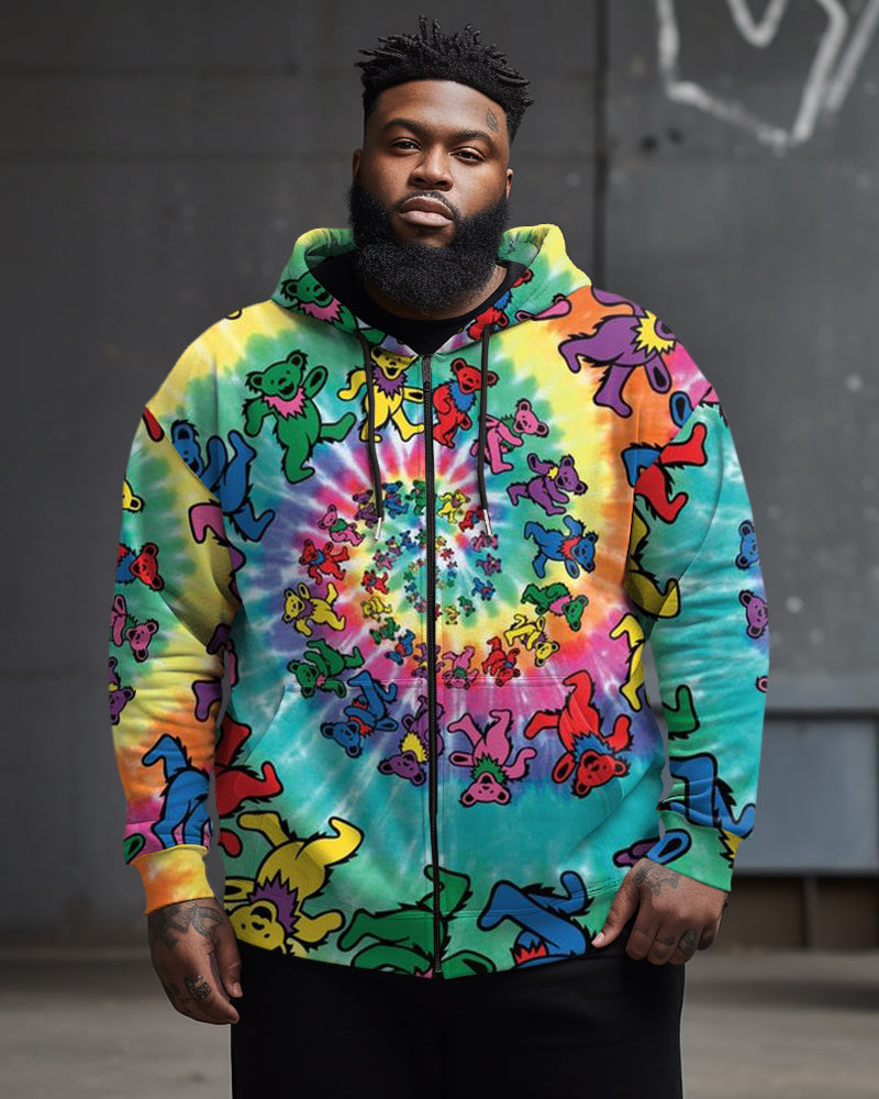 Big & Tall Men's Casual Street Tie Dye Bear Zipper Hoodie