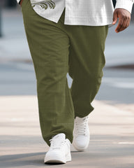 Big & Tall Men's Business Green Vintage Pattern Print Bamboo Hemp Texture Long Sleeve Shirt Trousers Suit