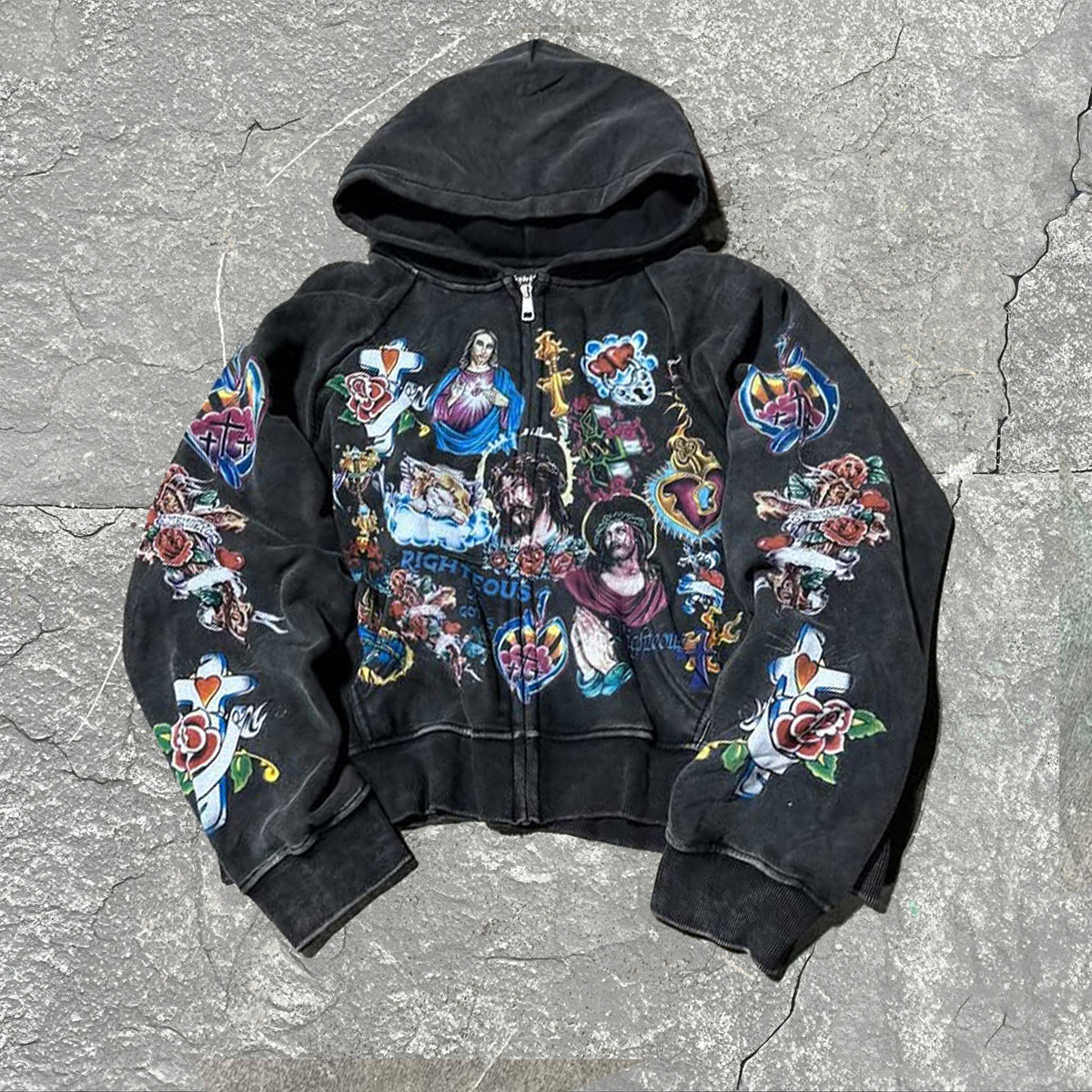 Big & Tall Men's JESUS Multiple Printed Black Wash Zip Hoodie