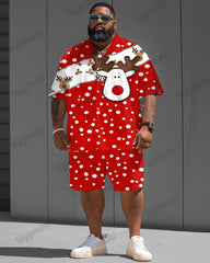 Men's Plus Size Christmas Red Elk Polka Dot Print Short Sleeve Shirt Shorts Suit