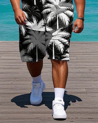 Big Men's Daily Casual Hawaii Theme Abstract Coconut Trees Printed Short Sleeve Shirt Shorts Set