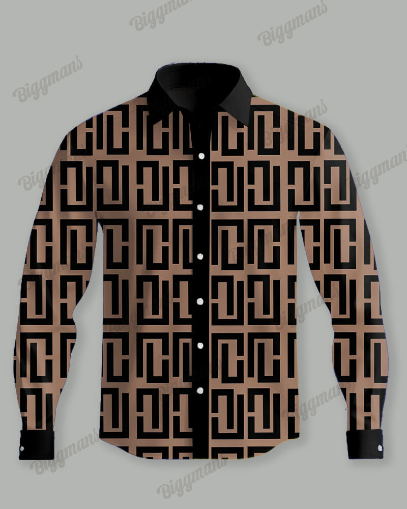 Men's Plus Size Black Colorblock Khaki Geometric Calm Print Long Sleeve Shirt Trousers Suit