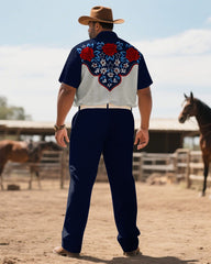 Western Denim-Men's Plus Size Royal Blue Floral Symmetrical Print Short Sleeve Shirt Trousers Suit