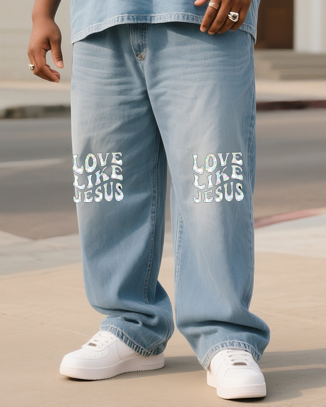 Plus Size Men Like Jesus To Love Micro-standard Denim T-shirt Pants Suit