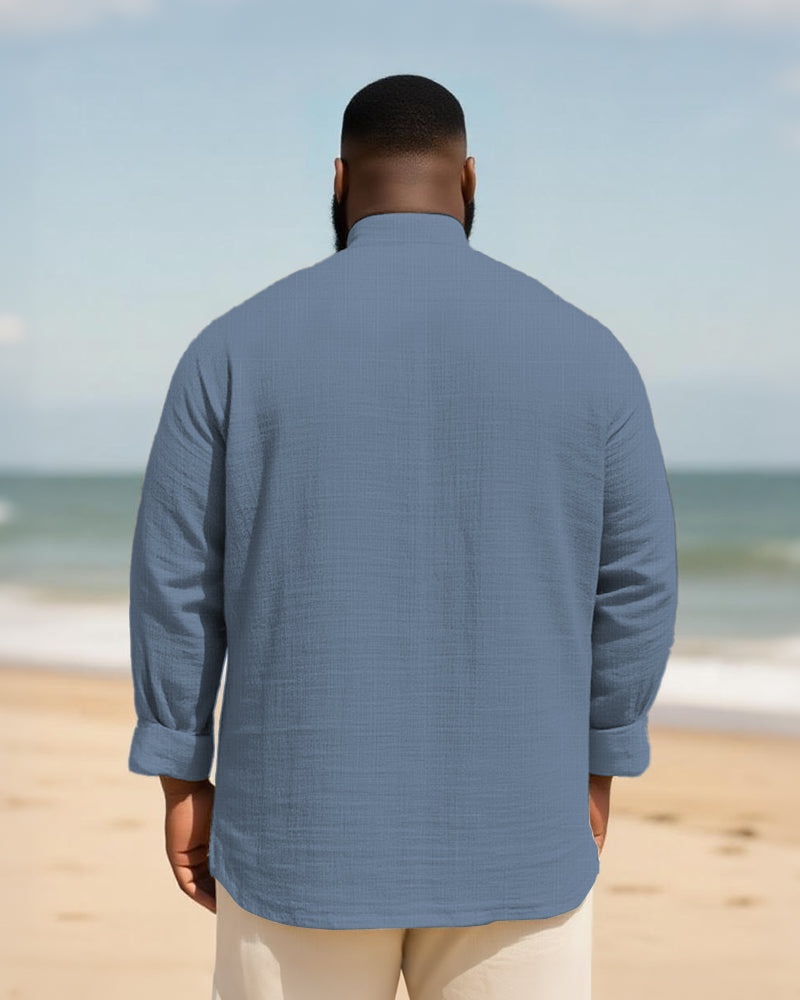 Big & Tall Men's Daily Solid Color Bamboo Hemp Texture Stand Collar Long Sleeve Shirt