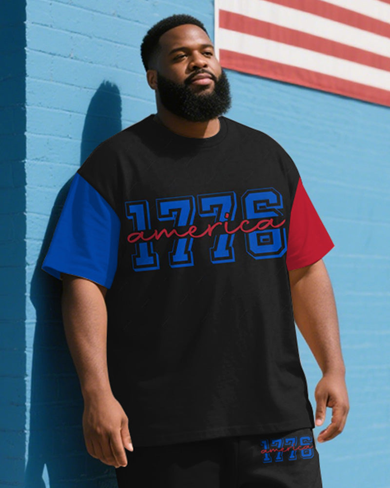 Men's Plus Size Independence Day Colorblock 1776 Letter Print T-Shirt Trousers Suit