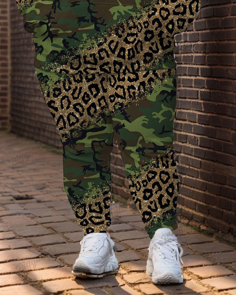 Women's Street Fashion Shiny Leopard Camouflage Print Big & Tall Hoodie Set