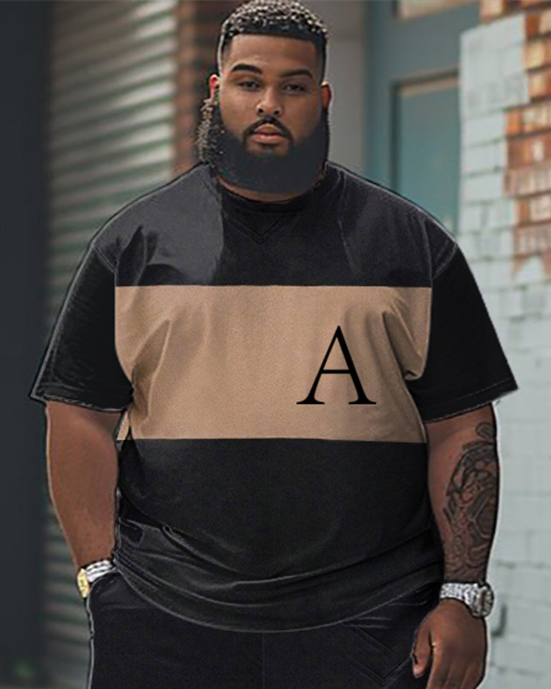 Big Guys Simple Colorblock Alphabet Print T-shirt Shorts Set