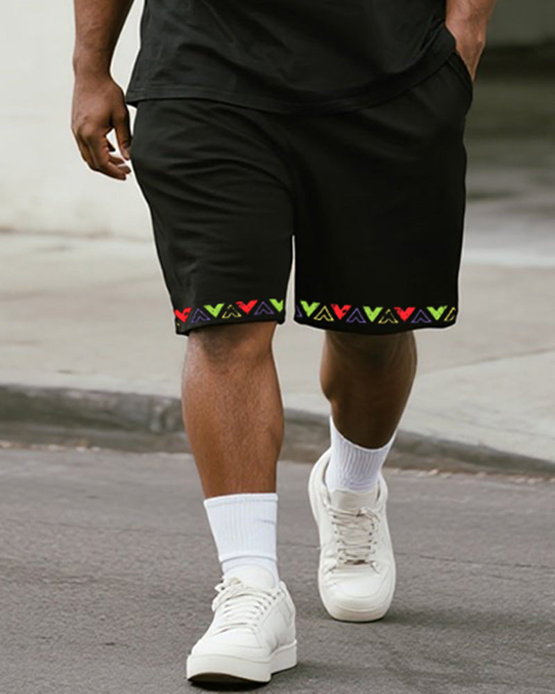 Big & Tall Men's Colorful Geometric White King Alphabet Print Round Neck Short Sleeve T-Shirt Shorts Suit