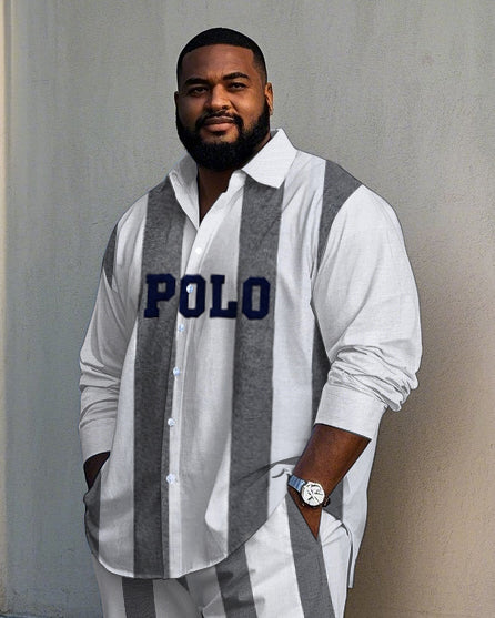 Big Men's Simple Fashion Vertical Stripe & POLO Letter Printed Long Sleeve Shirt Pants Set