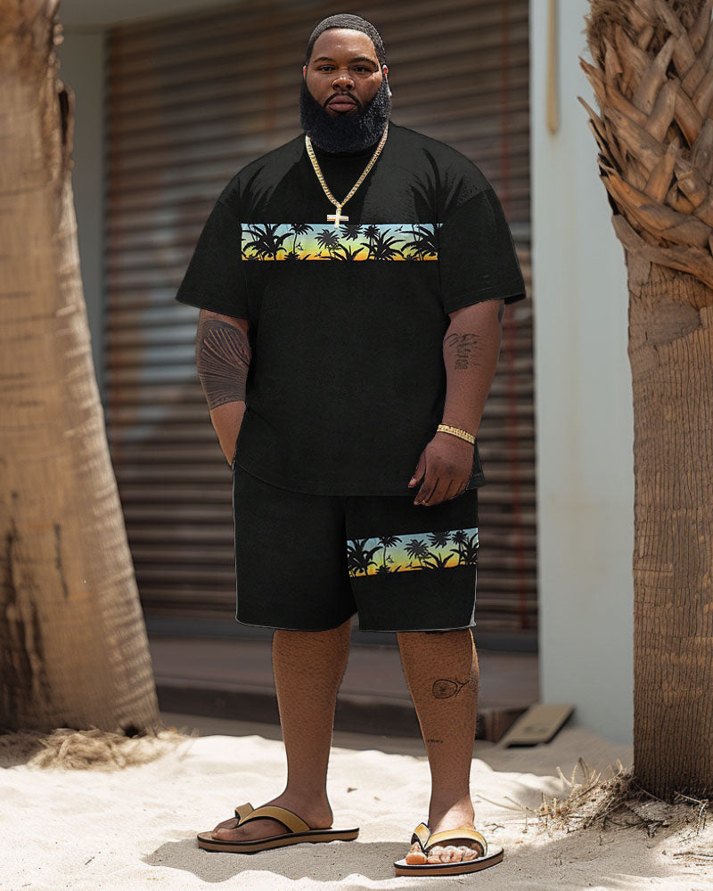 Men's Big & Tall Hawaiian Patchwork Coconut Tree Print T-Shirt Shorts Set