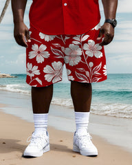 Men's Big & Tall Splicing Wide Stripe Simple Floral Printed Short Sleeve Shirt Shorts Set