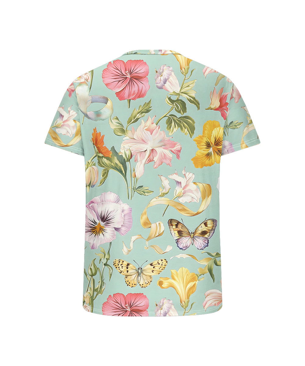 Men's Plus Size Hawaiian Green Butterfly Floral Print Henry Collar Button Short Sleeve Tee