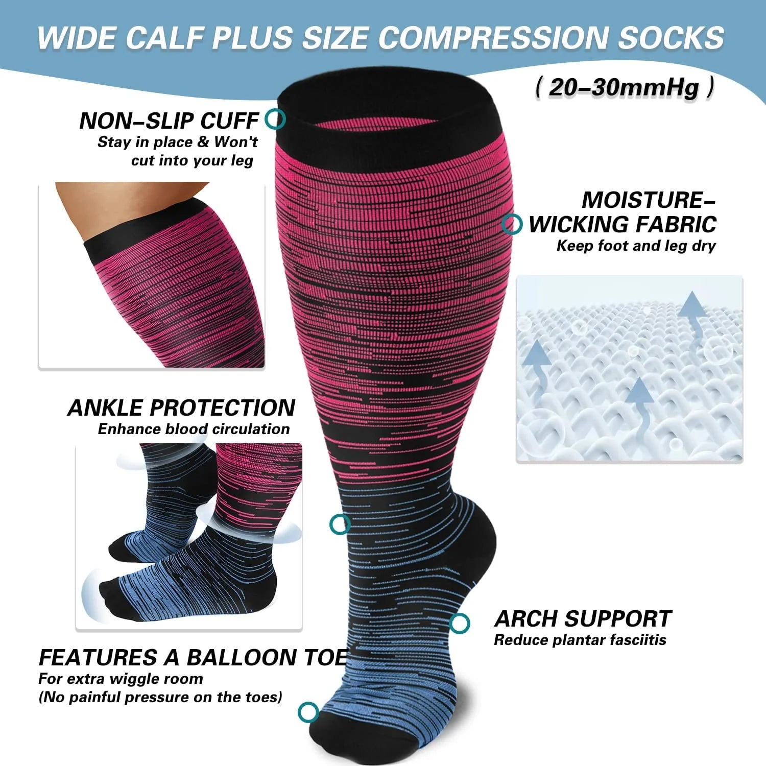 2XL-4XL Gradient Striped Running Fitness Compression Socks, For Obese Men And Women Sports Socks