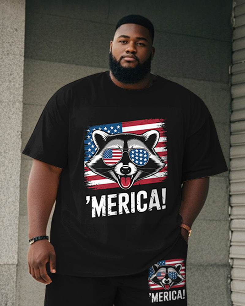 Big & Tall Men's Independence Day Raccoon With Sunglasses Letter Print Round Neck Short Sleeve T-Shirt Shorts Suit