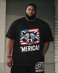 Big & Tall Men's Independence Day Raccoon With Sunglasses Letter Print Round Neck Short Sleeve T-Shirt Shorts Suit