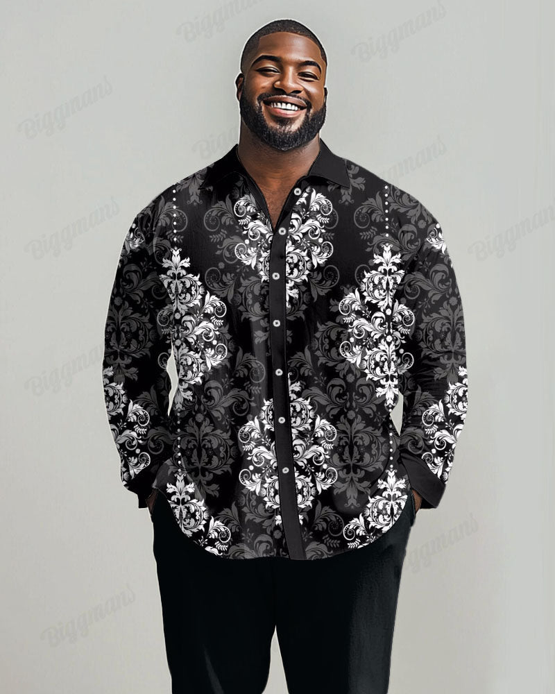 Men's Big & Tall Vintage Luxury Classical Black Print Lapel Long Sleeve Shirt