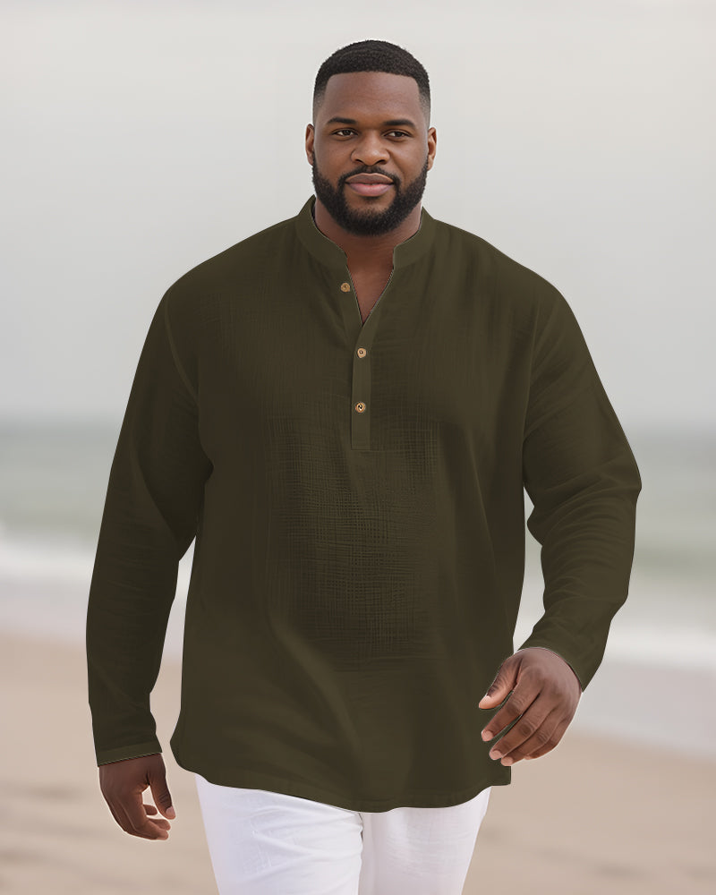 Big & Tall Men's Everyday Solid Color Bamboo Hemp Texture Henry Collar Long Sleeve Shirt