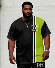 Men's Plus Size Casual Black & Green Chest Design Small Label Printed Short Sleeve T-Shirt Trousers Suit