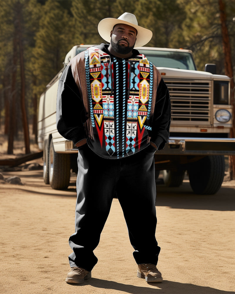 Men's  Plus Size Ethnic Style Diamond Black Hoodie Two Piece Set