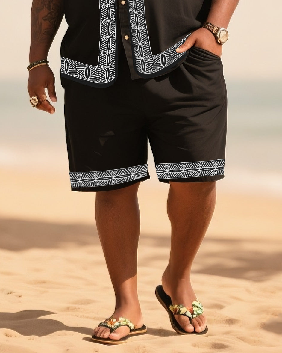Big Men's Vacation Casual Bohemian Style White Striped Edge Textured Black Short Sleeve Shirt Shorts Suit