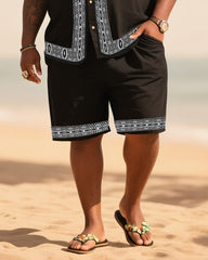 Big Men's Vacation Casual Bohemian Style White Striped Edge Textured Black Short Sleeve Shirt Shorts Suit