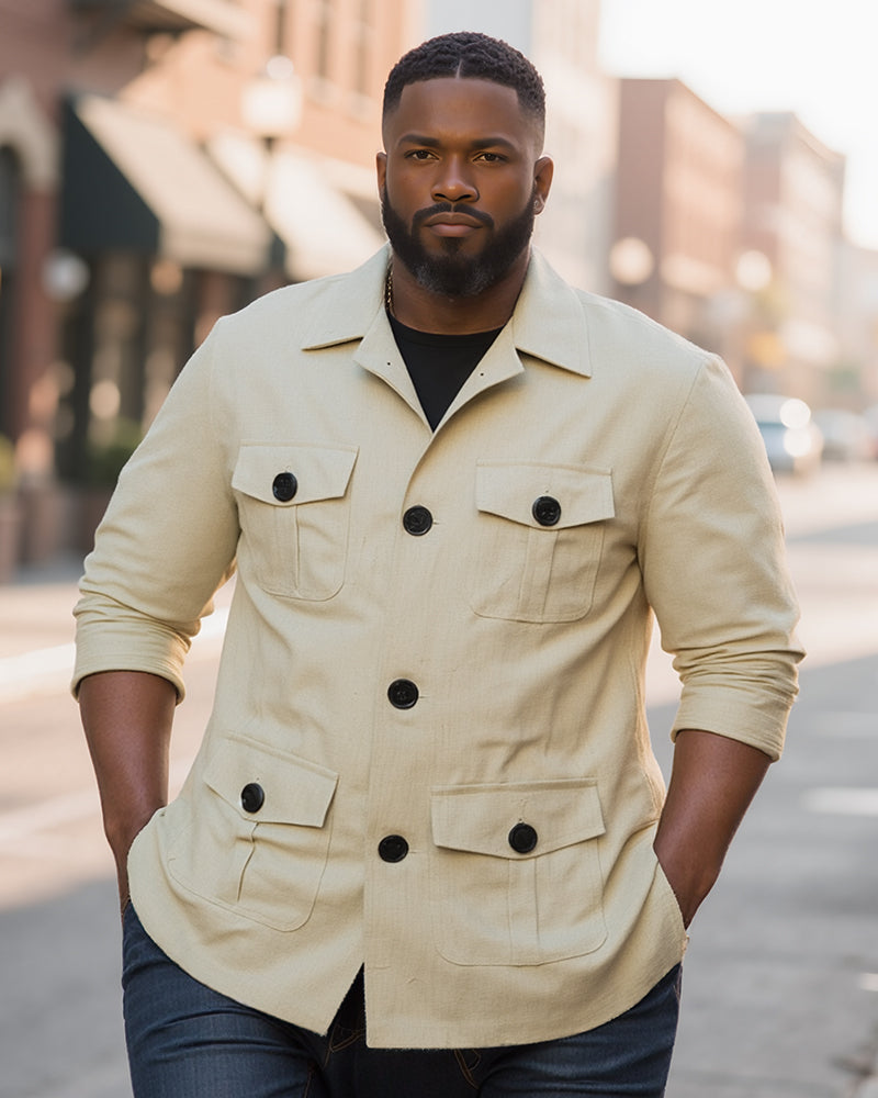 M-5XL Men's Casual Linen Jacket With Laps And Multi-Pockets