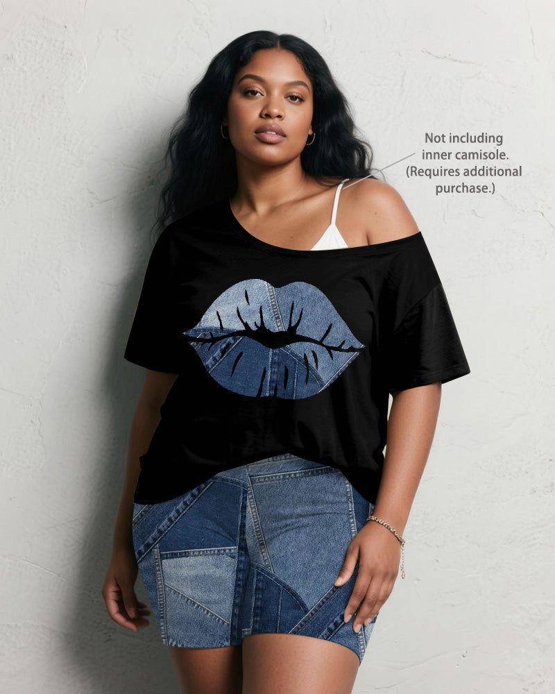 Women's Plus Size Daily Casual Lips Denim Print Short Sleeve Shorts Suit