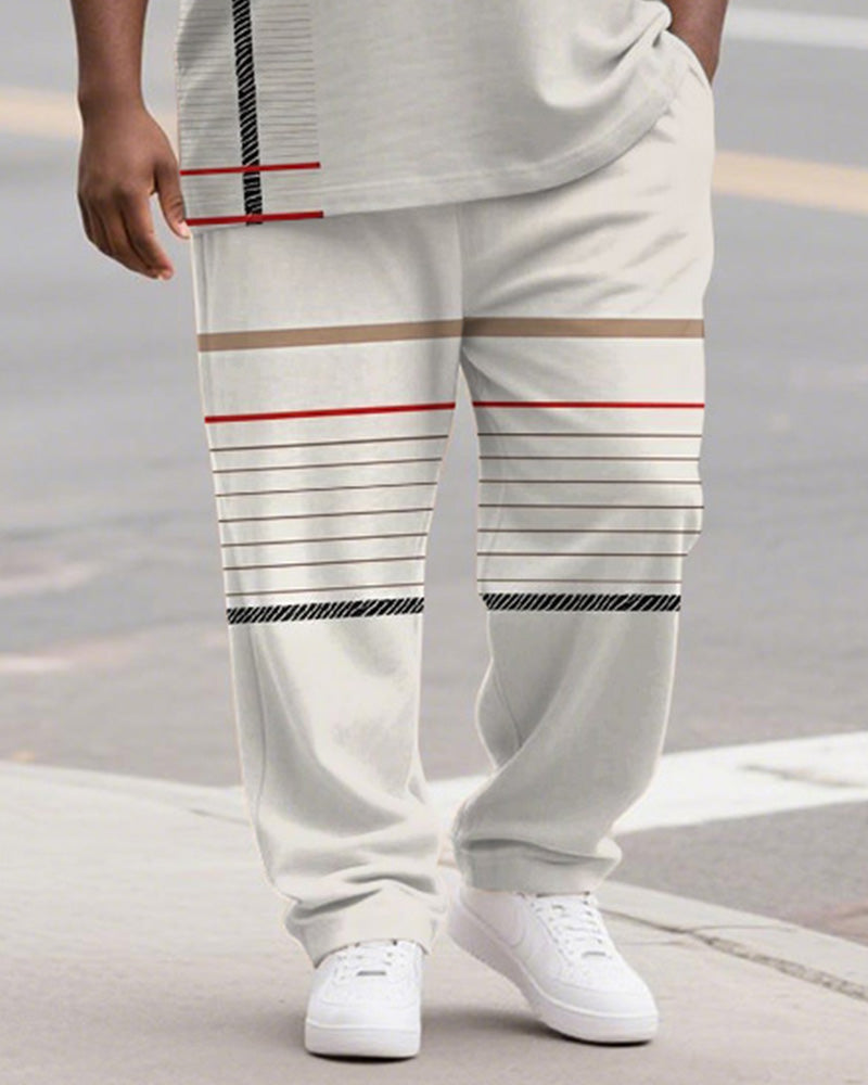 Men's Plus Size White Khaki Colorblock Stripe Print Henley Collar T-Shirt Trousers Suit
