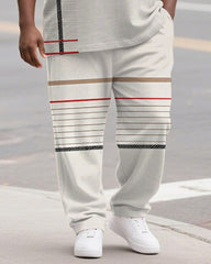 Men's Plus Size White Khaki Colorblock Stripe Print Henley Collar T-Shirt Trousers Suit