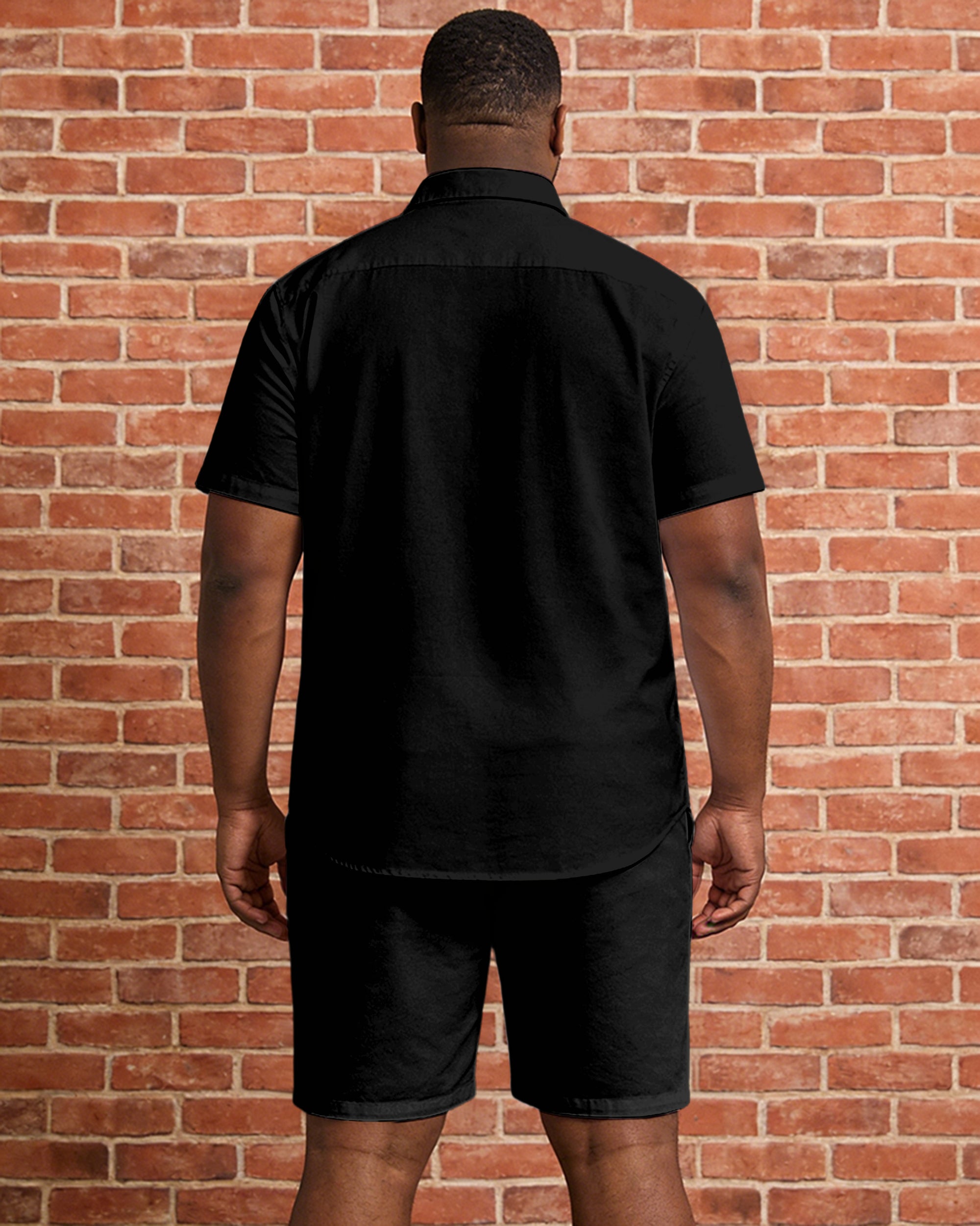 Big & Tall Men's Music Black Patchwork White Printed Short Sleeve Shirt Shorts Set