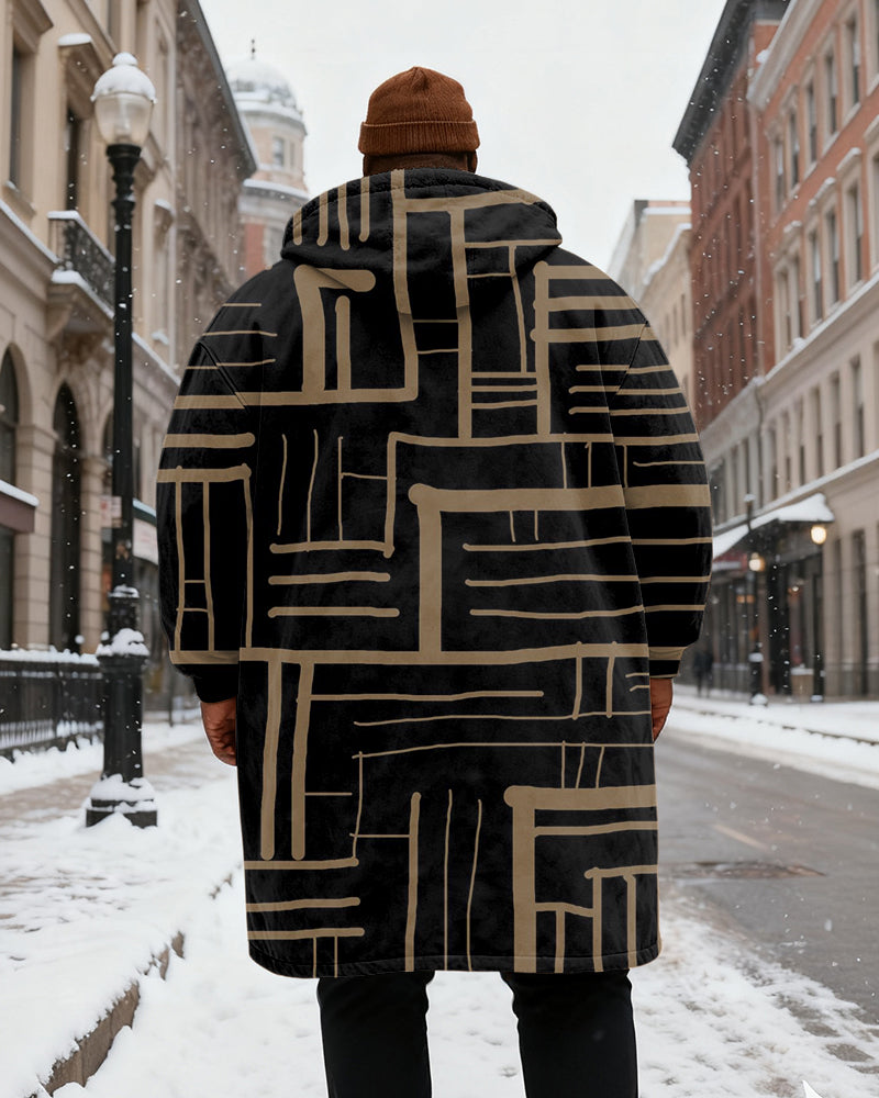 Big & Tall Men's Simple Line Maze Pattern Printed Velvet Thickened Long Hooded Coat